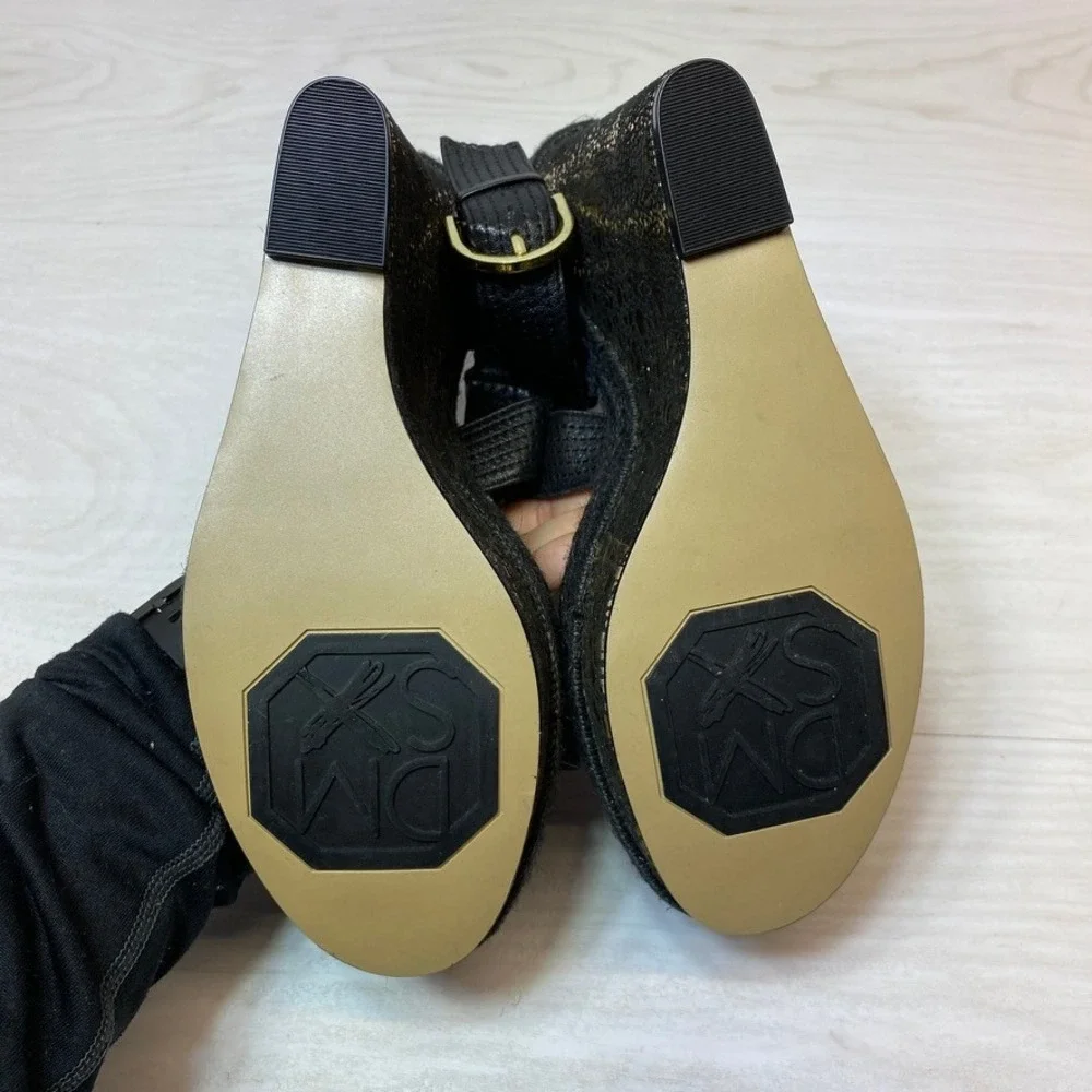 Donald J Pliner Womens 9.5M Michelle Wedge Sandals Black Gold Leather Espadrille